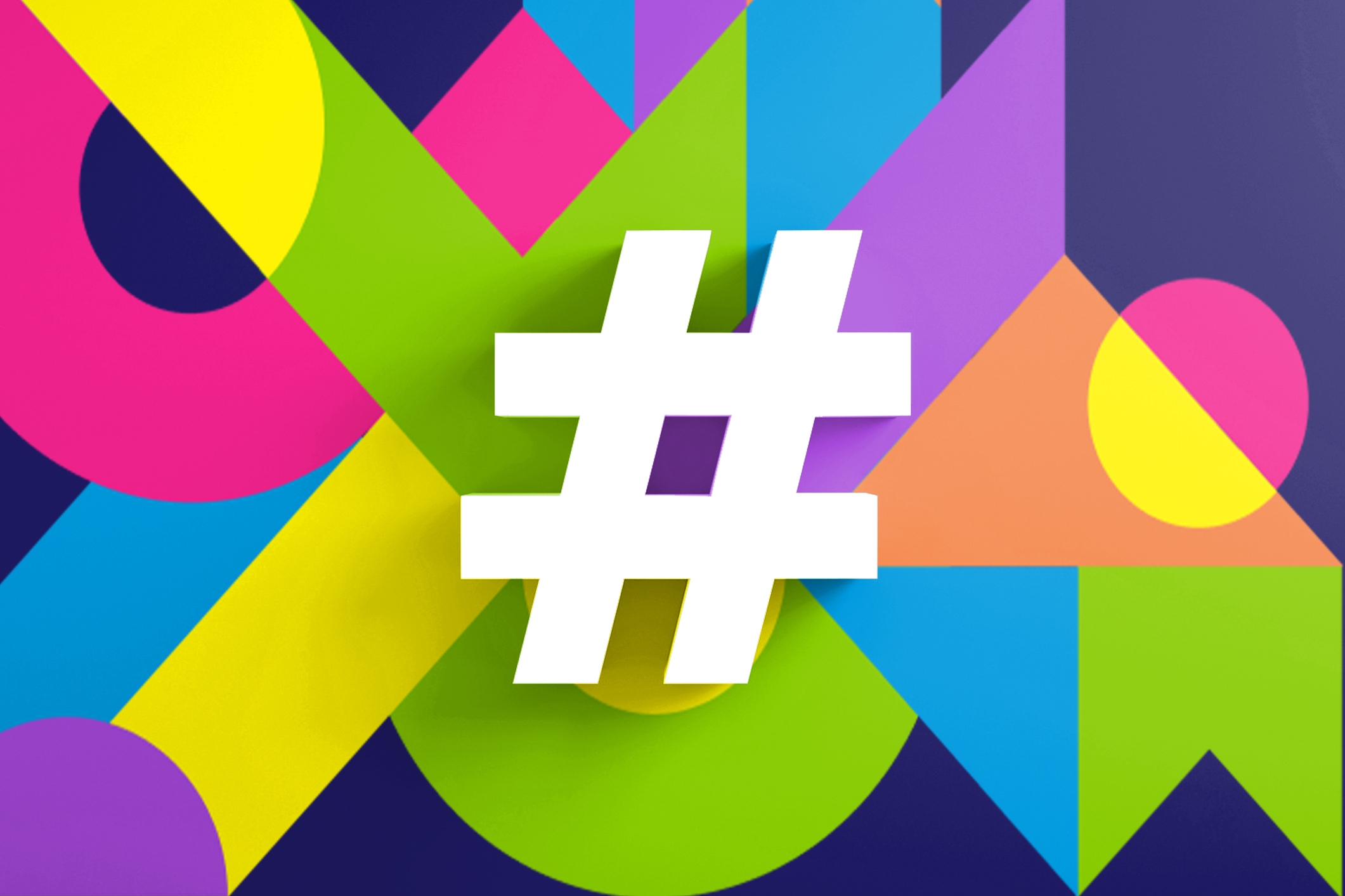 Bright and colourful geometric background featuring bold shapes in purple, pink, yellow, green, and blue, with a large white hashtag symbol in the centre.